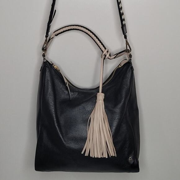 Etienne Aigner Ava Leather Hobo In Black +Anthropologie Chevron Beaded Bag Strap - Picture 6 of 12